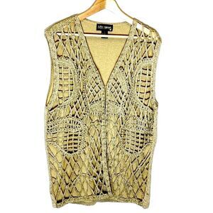 Vintage Lisa Originals Gold Metallic Lacy  Crochet Open Front Vest Size L